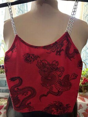 Faded Rose Chain Strap Cropped Shirt Roses Chinese Dragons Y2K Small